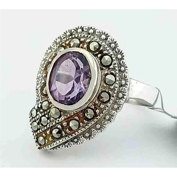 Genuine 1.50 Cts Amethyst & Lab Marcasite Ring .925 Sterling Silver - Picture 5 of 5
